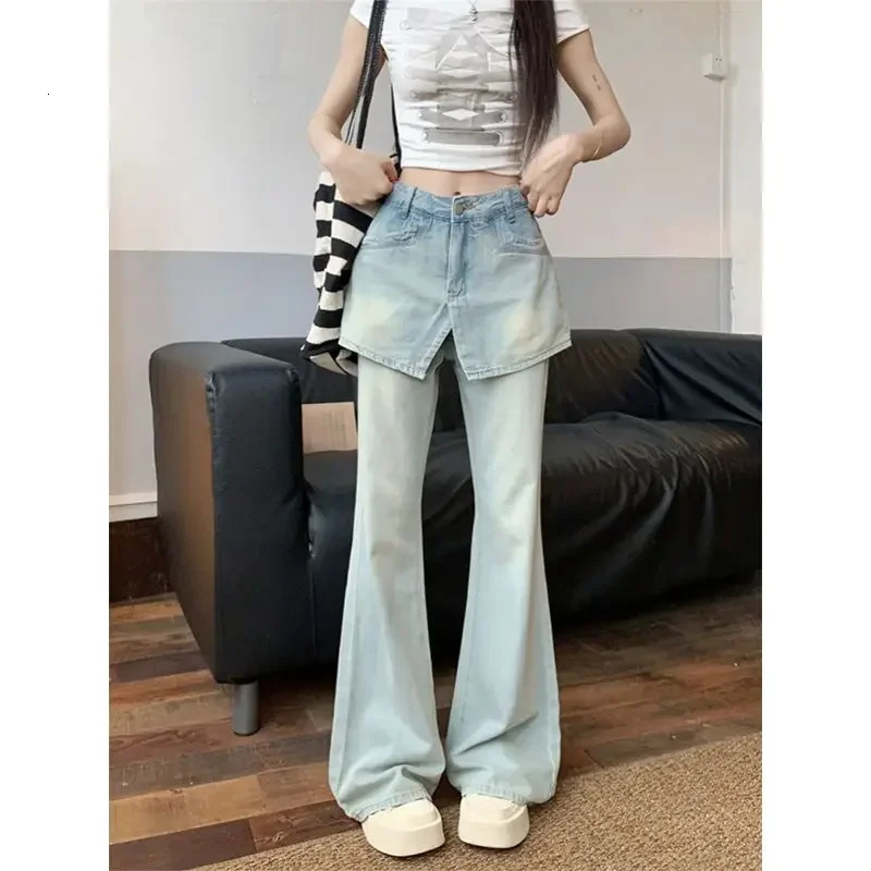 Summer Korean Fashion Two Piece Spliced Skirt Jeans Women High Waist Slimming Straight Pants Flare Clothing 250310