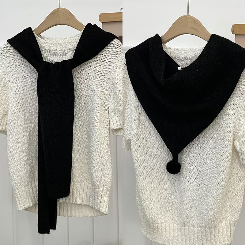 K130 Knitted shawl new style warm soft waxy neck scarf fashionable hat neckband integrated sharp corner with wool ball shawl