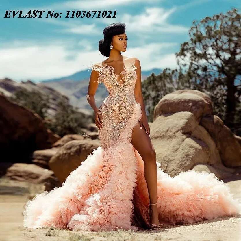 Add to Wish Custom Beading Mermaid Ball Sexy Slit Side Pink Tulle Train 3D Appliques Party Dress prom