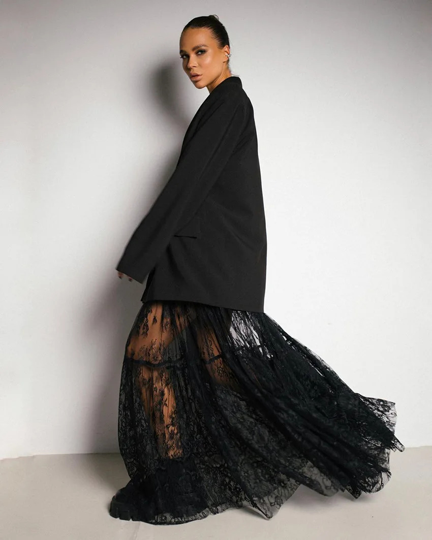 Sexy Lace Dark Perspective High Waist Skirt European Summer Fashion Mesh Long Streetwear Loose Oversize 250310
