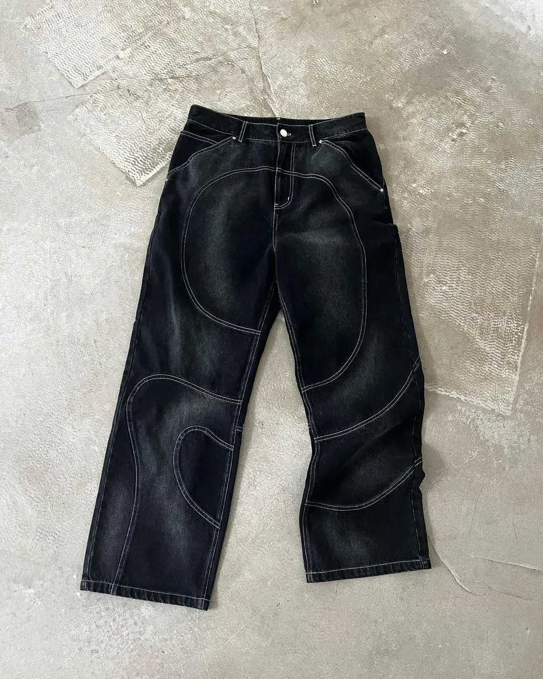 Street washed punk vintage men patchwork jeans Y2K fashionable loose fitting Gothic high waisted Harajuku straight leg pantsT250319