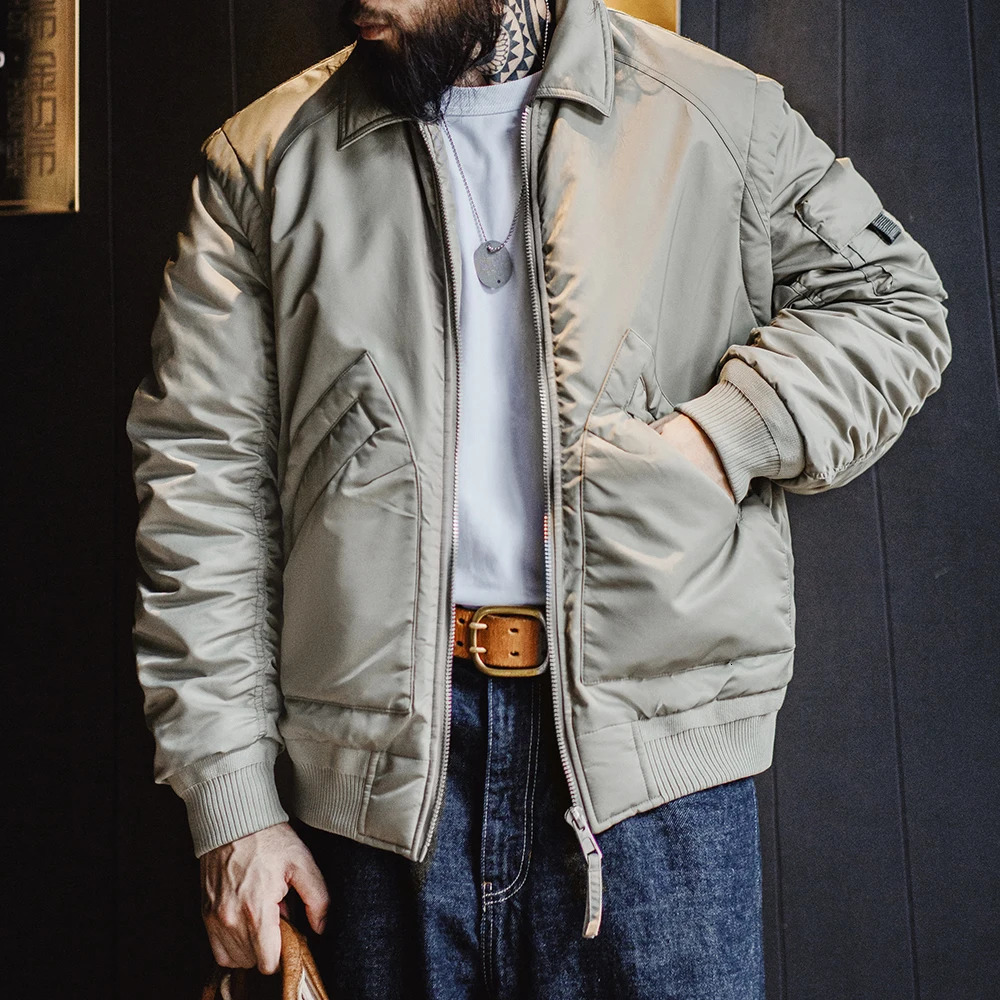Maden Retro CWU45P Pilot Jacket Grey Green Warm Cotton Lined Flip Collar Casual Mens AutumnWinter 250313