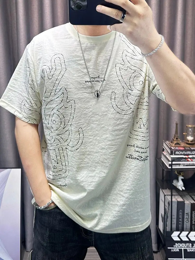 Cotton linen short sleeved T-shirt mens fashion printed casual half sleeved thin top 250314