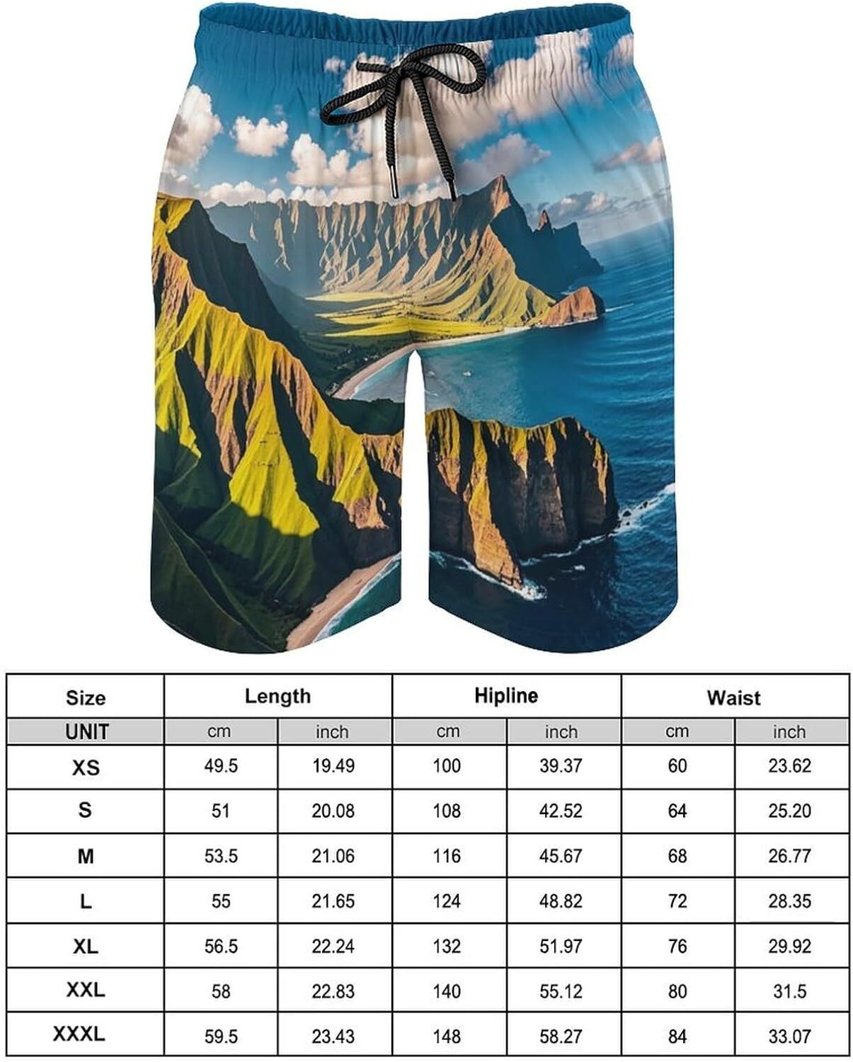 Mens Swim Trunks with Seaside Mountain Skyline Beach Shorts Quick Dry Drawstring Board Shorts with Pocket