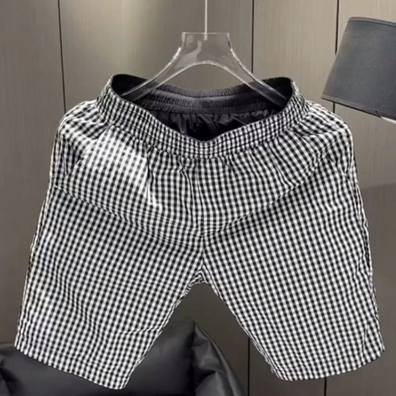 Mens Korean Fashion Plaid Print Simple Casual Short Pants Y2K Summer Vintage Elastic Waist Slim Straight Beach Shorts Mens Clothing 250314
