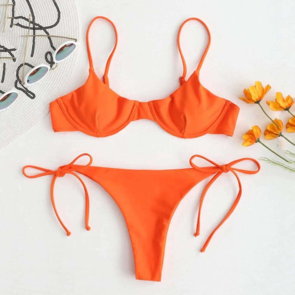 Two piece swimsuit, padded bra, push ups, tango underwear, solid color, lace up bikini, beachwear, summer