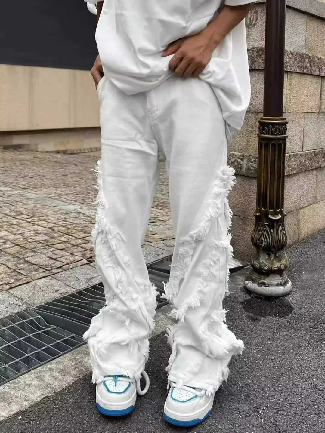 American style Erosion Damage Primitive Edge Street Jeans Harajuku Style Hip Hop Dance Straight White Jeans Womens Y2k ClothingT250319