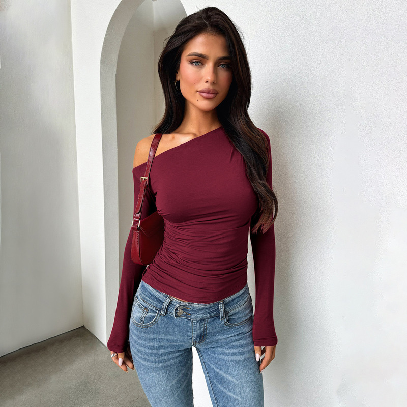 Y2k T-Shirt 2024 New Slant Neck Off Shoulder Long Sleeved Knitwear Summer High Grade Spicy Girl Top Women's Design Sense