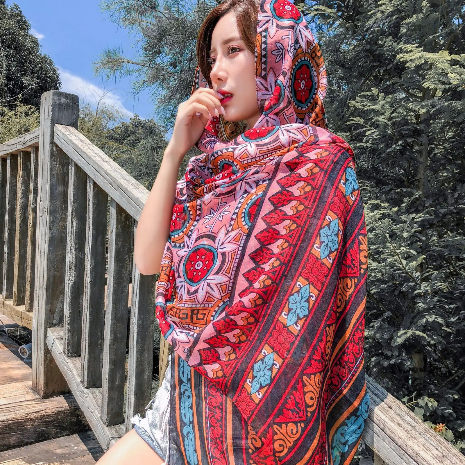 Fashionable womens Bohemian floral long scarf neck pillow set womens beach shawl big soft Stoll scarf size one suitable for girls W018 250314