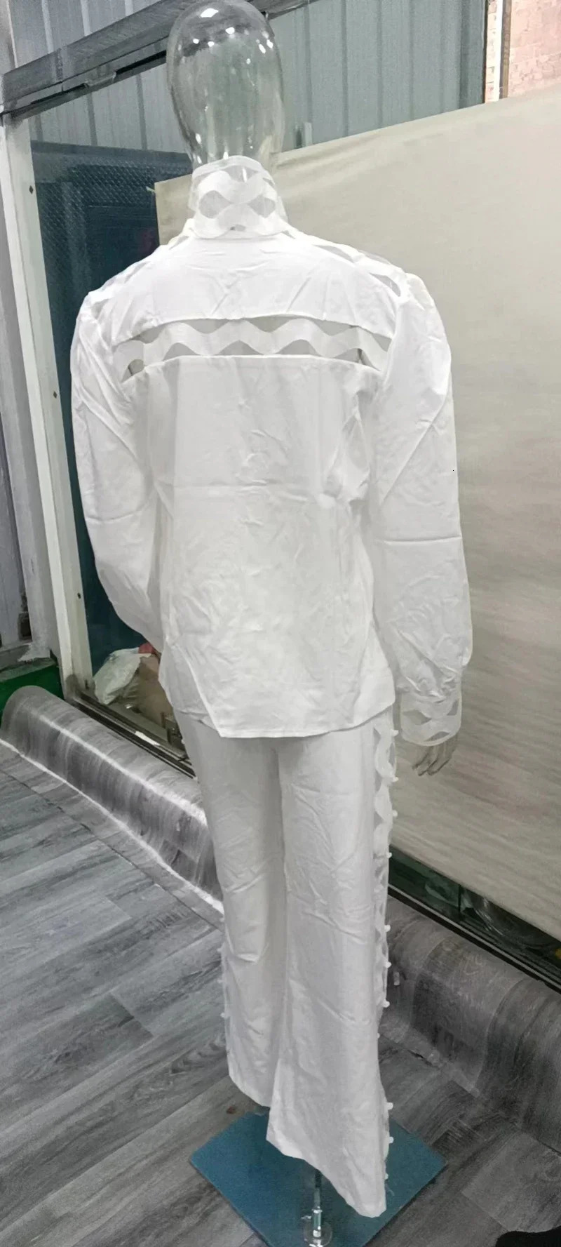 Sexy hollow two-piece womens autumn clothing stand collar lantern sleeve shirt pants casual 2-piece set 250314