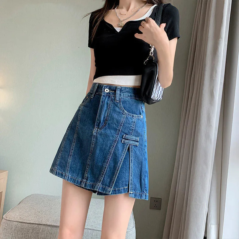 Fashion High Waist Denim Culottes Women Summer n Baggy Jean Shorts Two Pieces Lining Jeans Skirts Blue Pantskirt 250310