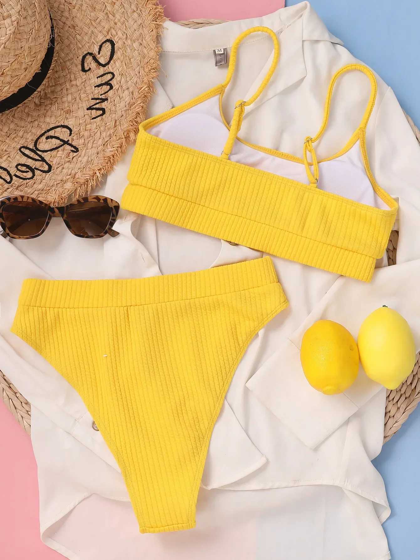 Sexy solid yellow bikini 2024 flawless high cut patch womens swimsuit independent beach swimsuit high waist swimsuit Biquini newXJ250315