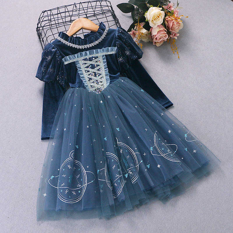 Girl's Dresses New Spring and Autumn Long sleeved Elsa Princess Dress Children's Dress Gold Velvet Girls' Dress Little Girl Performance