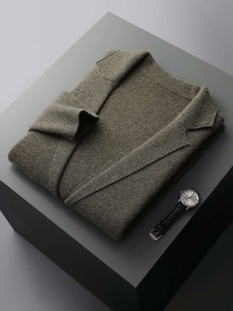 Ry New Men Cashmere Sweatercoat Suit Collor Single Button Cardigan Autumn Winter100% Merino Wool Knitwear Pocket Soft Jacket