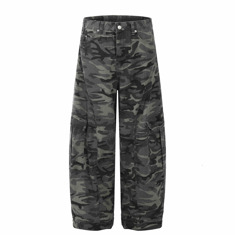 American Camouflage Work For Men And Women, Loose Wide Curved Jeans, Trendy Multi Pocket Straight Leg Long Pants