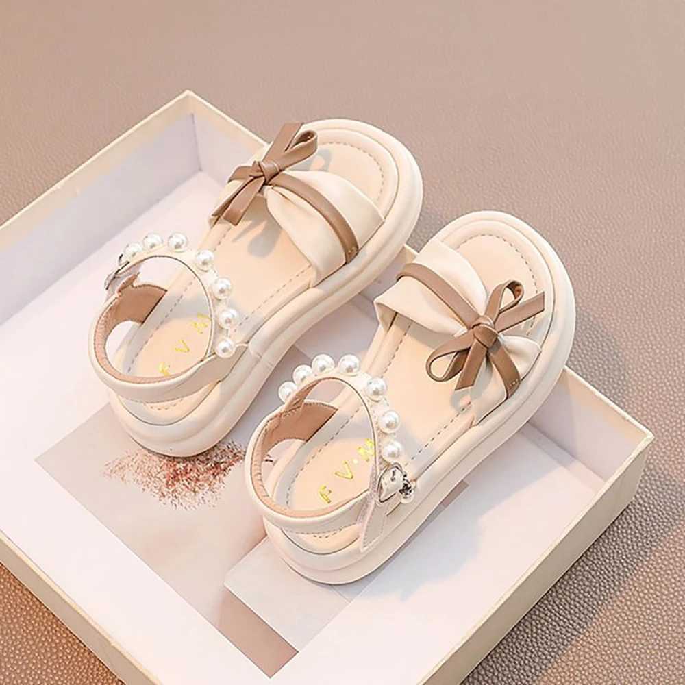 Summer Princess Girls Sandals Korean Style Pearl Bow Childrens Party Shoes Soft Waterproof Beach SandalsT250315