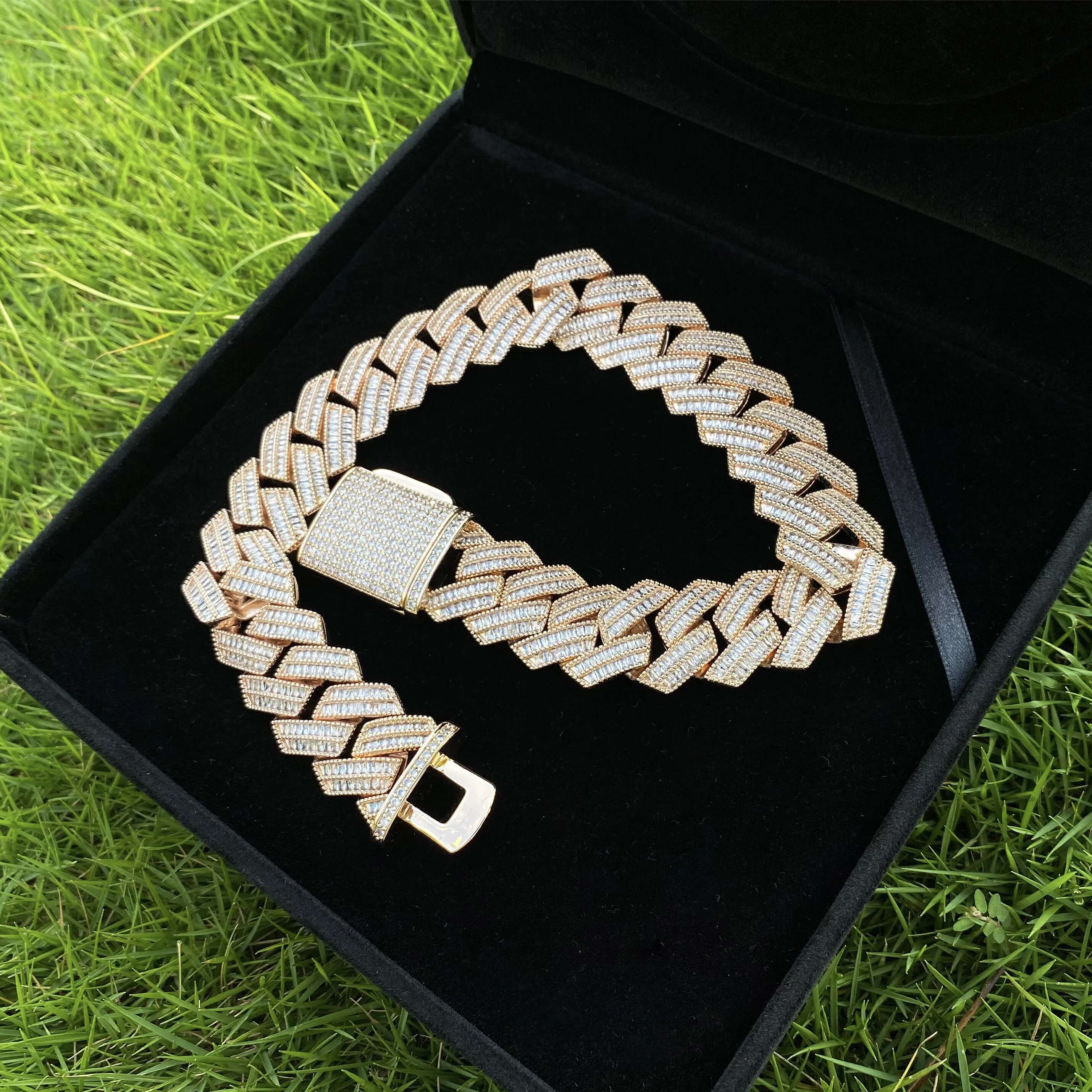 Aokaishen S Baguatte Cuban k Chain for Men Micro Pave Necklace Choker Cubic Zirconia Hip Hop Jewelry