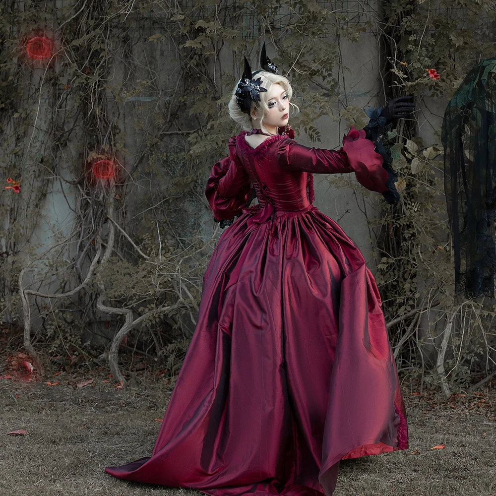 Gothic Burgundy And Black Prom Dresses Flare Sleeves Square Collar Vintage Baroque Rococo Special Occasion Ball Gown Medieval Renaissance Women Evenin