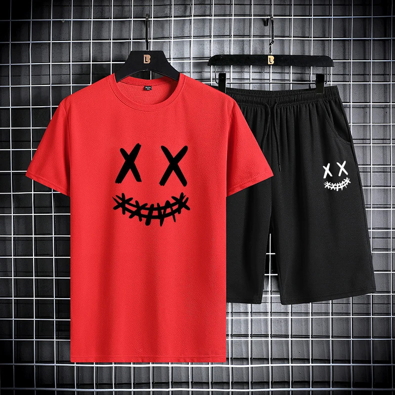 Mens summer sports suit round neck short sleeved T-shirt five quarter shorts slim fit fashion two-piece set mens clothing 250310