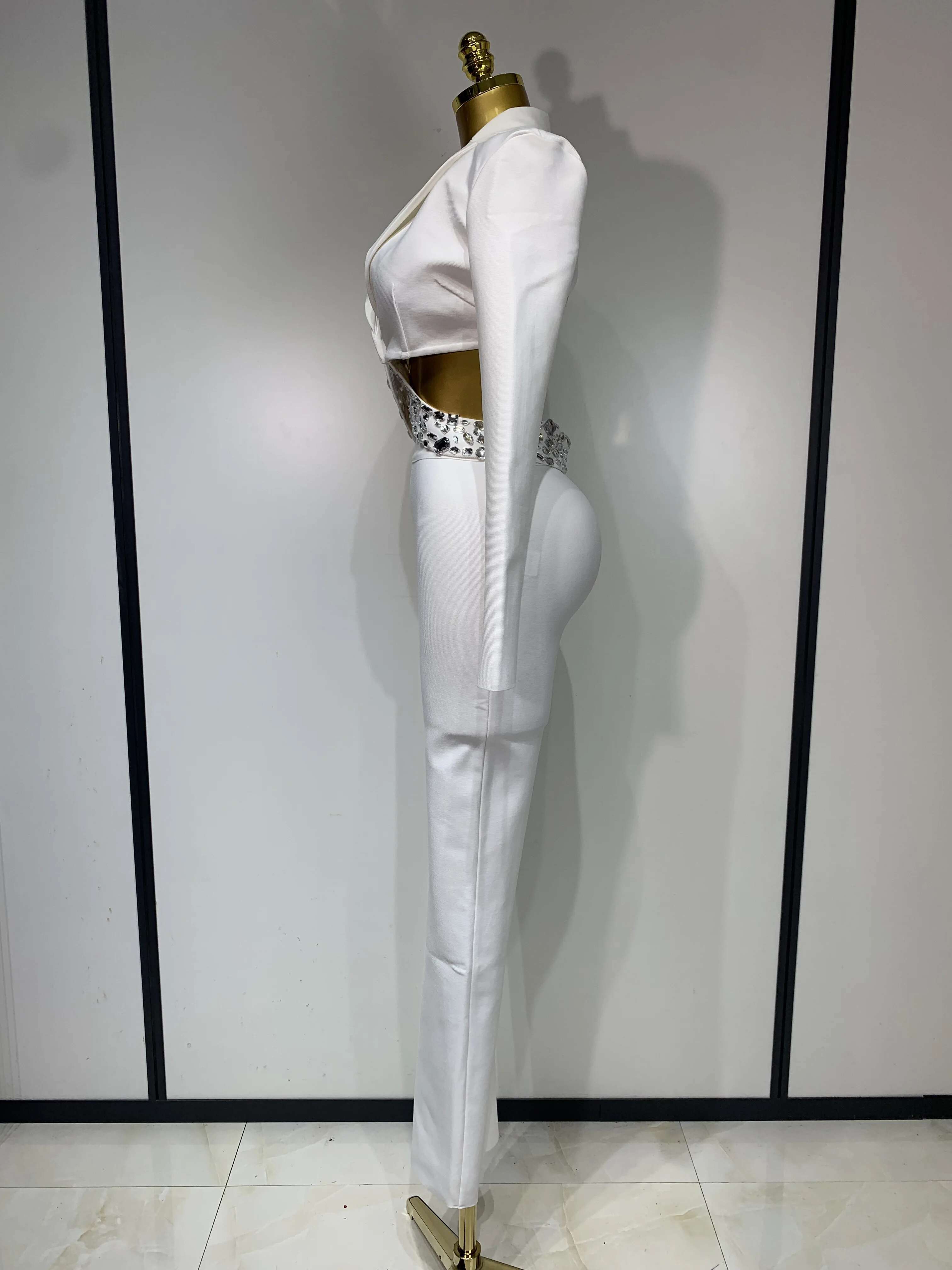 Women Sexy Long Sleeve Beading Bodycon Two Pieces Pants Bandage 2025 Celebrity Designer Fashion Women's Birthday Set