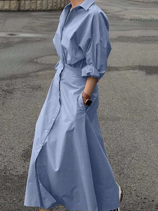 Modigirl Summer Long 2025 Spring Fall Clothes Blue Puff Sleeves Botton Simple Casual Maxi Shirts Dresses For Women