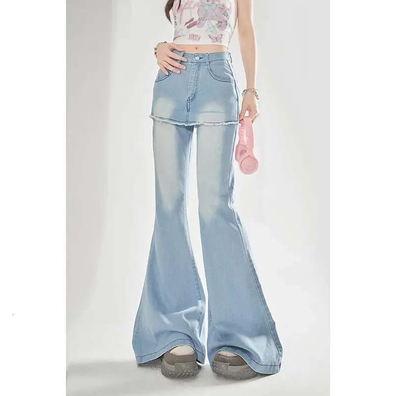 Summer New Korean Fashion Fake Two Piece Spliced Skirt High Waist Slimming Straight Pants Flare Jeans Women Clothing
