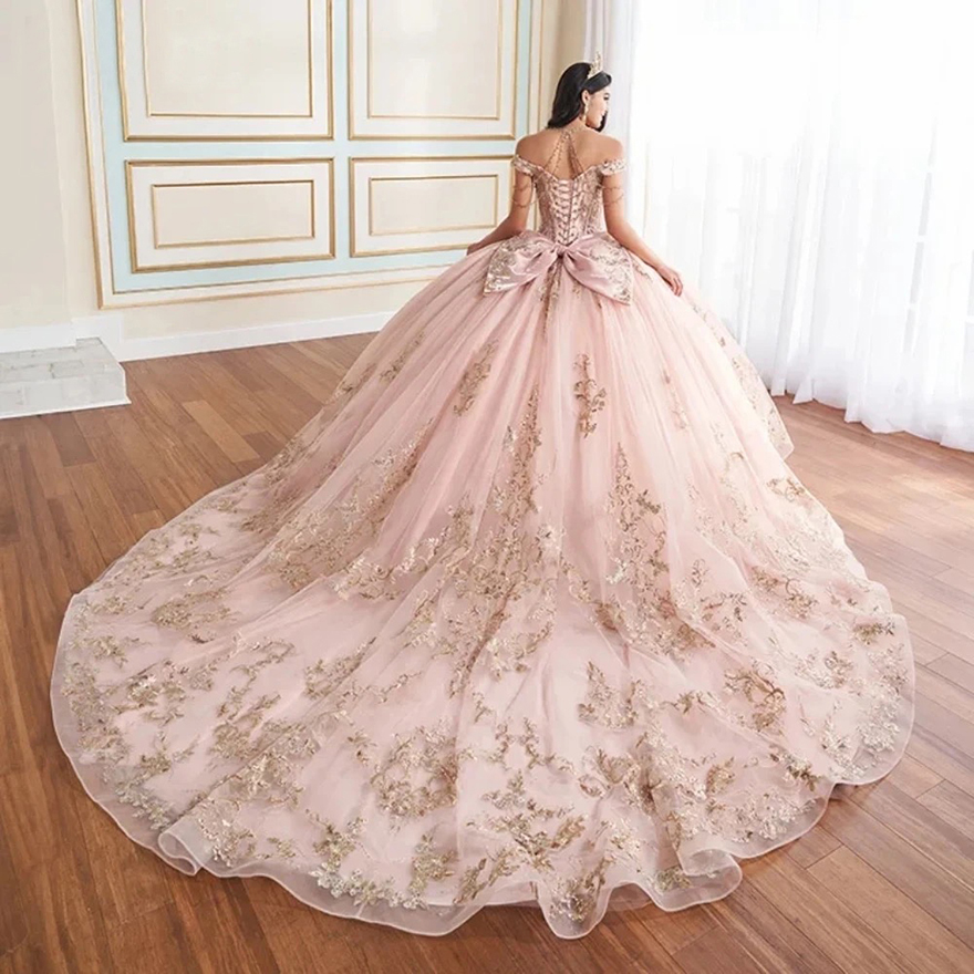 Customized Sparkly Blush Pink Quinceanera Dress Ball Gown Gold Lace Applique Beading Corset Sweet 16 Vestidos De 15 Anos YQD987