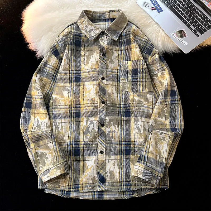 Korean style ink splatter plain weave shirt retro tie dye outdoor shirt autumn unisex mens long sleeved shirt 250314