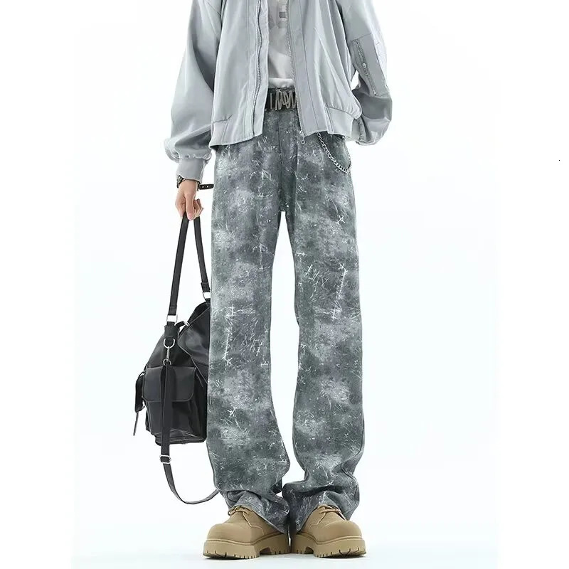 Cyber Y2K Streetwear Tie Dye Grey Slim Jeans Pants For Men 90S Vintage Clothes Straight Hip Hop Long Trousers Mens Clothing 250310