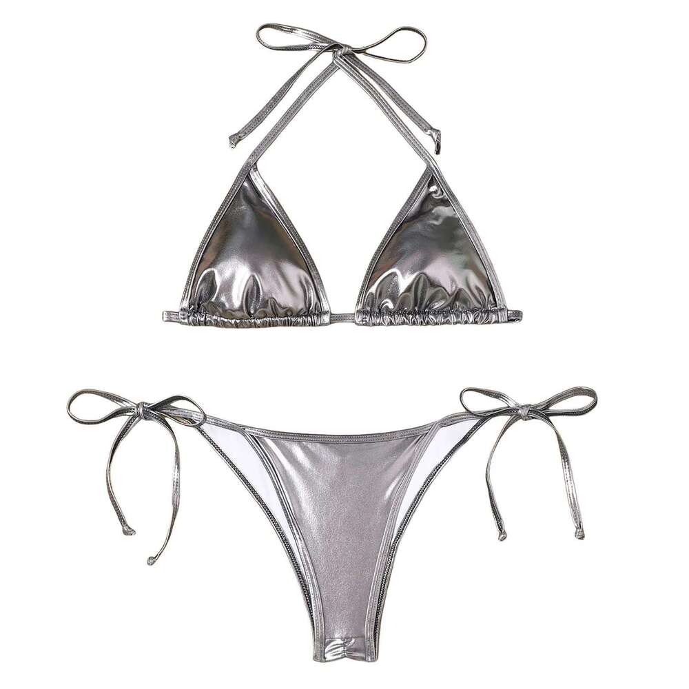 Women's triangle bikini set, 2-piece bikini top, shiny thong, camisole, padded blanket, thong, girls' swimsuit