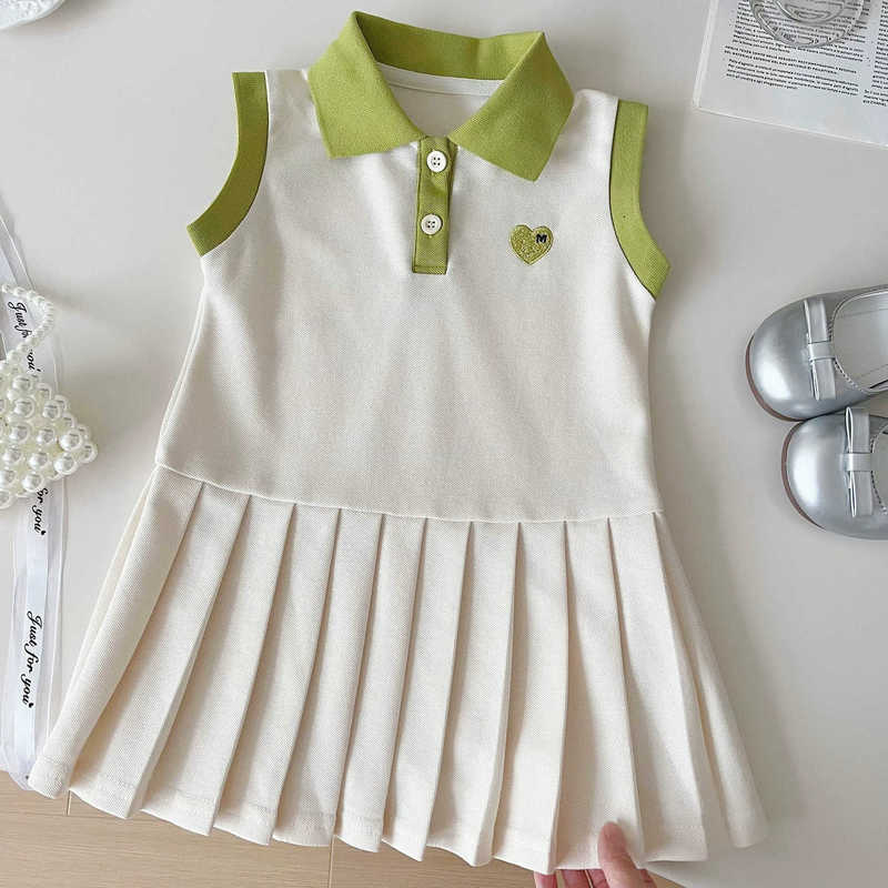 Girl's Dresses Girls' summer dress medium long dress 2024 new style for small and medium-sized children, western-style lapel vest skirt, col