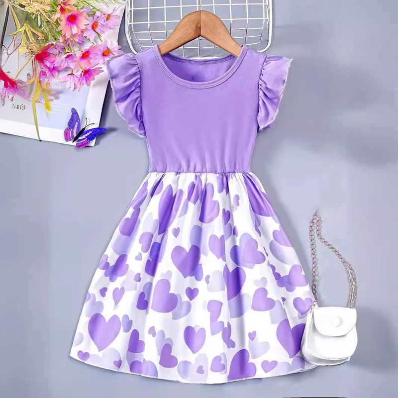 Girl's Dresses New girls' dress, children's knitted small fly sleeve printed heart round neck dress, casual dress