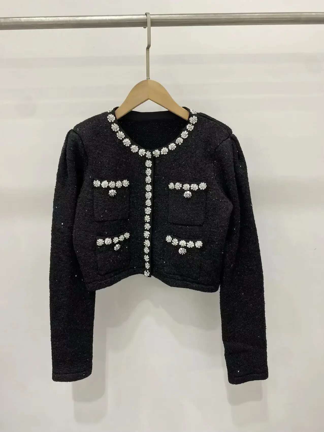 Women's Black Round-Neck Dia-Studded Two-Piece Suit, Long-Sleeved Knitted Pocket Top Or Slim-Fit Skirt