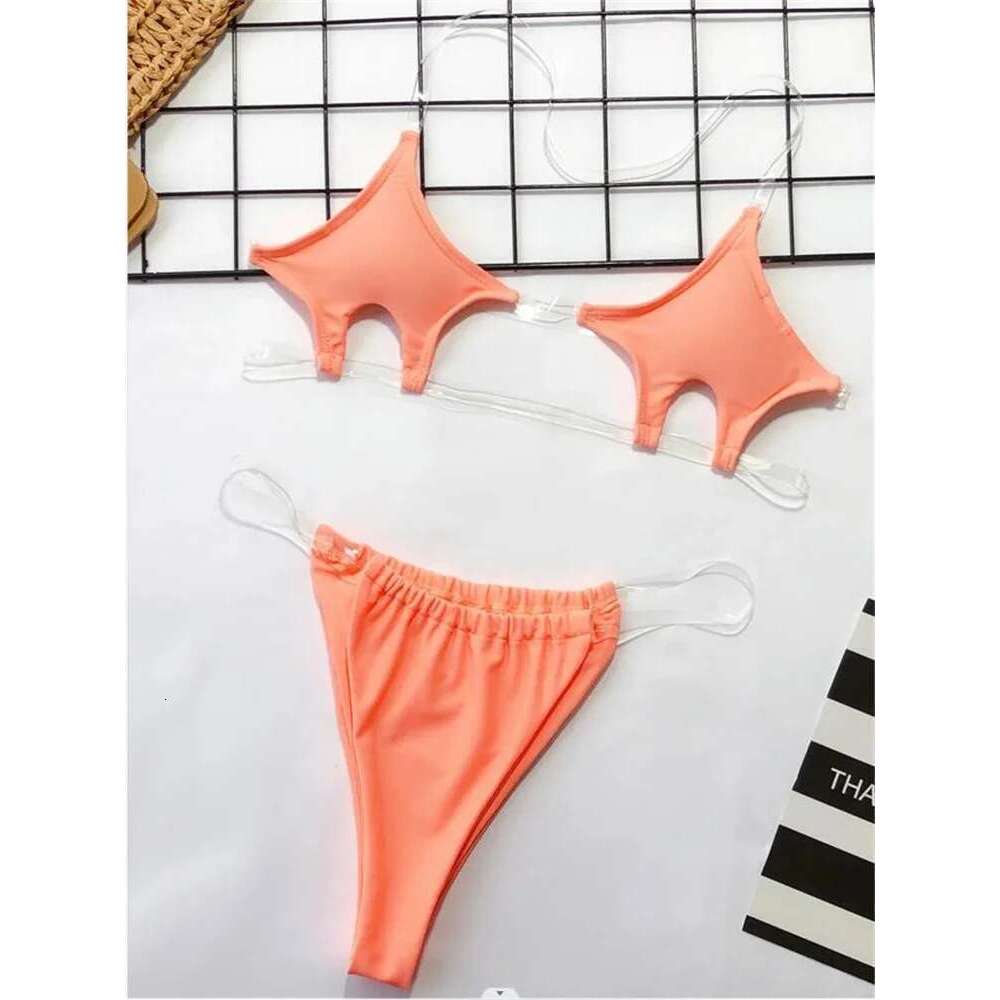 Women's transparent swimsuit, sexy mini bikini, pentagram design, neon transparent shoulder straps, tango underwear, 2024