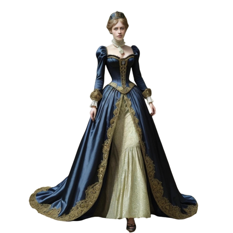 Vintage Victorian Corset Prom Dresses Dark Navy With Champagne A-Line Long Sleeves Medieval Evening Gowns Lace Appliques Princess Special Occasion Dre