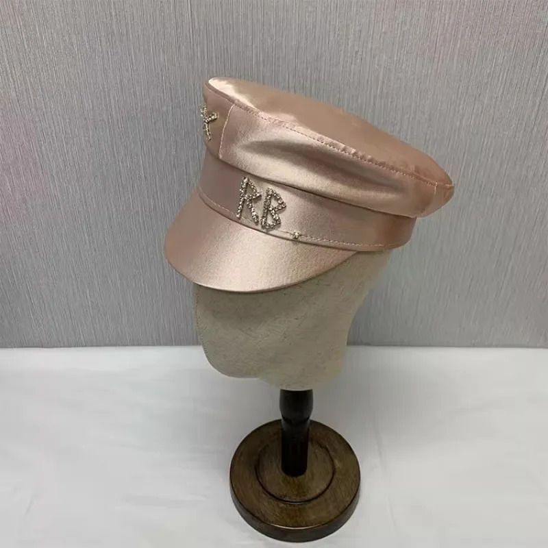 Y2k Spring Summer Octagonal Caps Women Two-colored sboy Cap Crystal-Embellished Satin Baker Boy Hat Gorra 250314