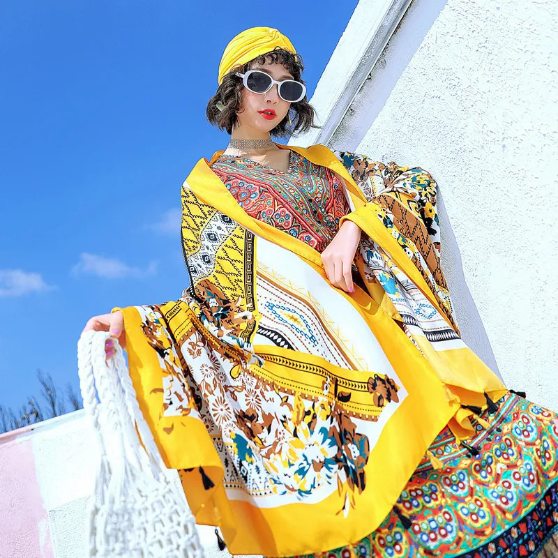 Silk scarf 180cm large long scarf ethnic style travel wear beach towel air-conditioned room shawl retro scarf women 250314