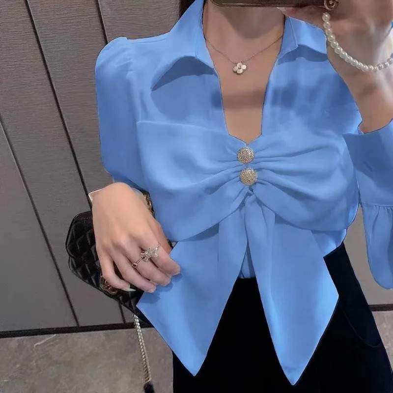 Korean Loose Fashion Bow V-neck Solid Color Long Sleeve Chiffon Shirts Women Spring Summer Fashion Office Lady Temperament Tops 250310