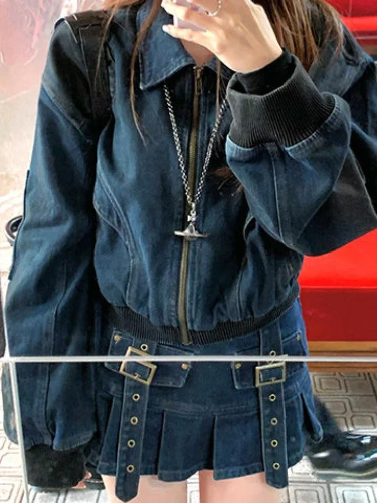 Conjunto Twede Feminino American retro denim suit early autumn motorcycle jacket pleated skiing twopiece set 250312