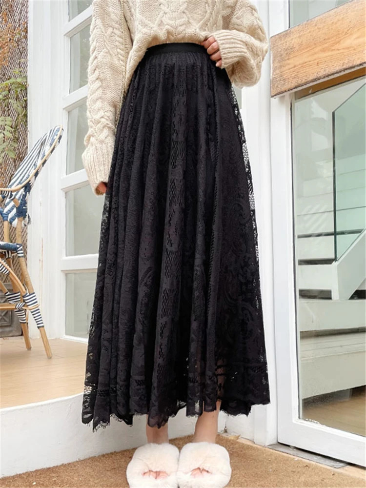 Realeft Retro Womens Lace Crochet Umbrella Long Leather Bohemian High Waist Hollow Skirt SpringSummer 250310