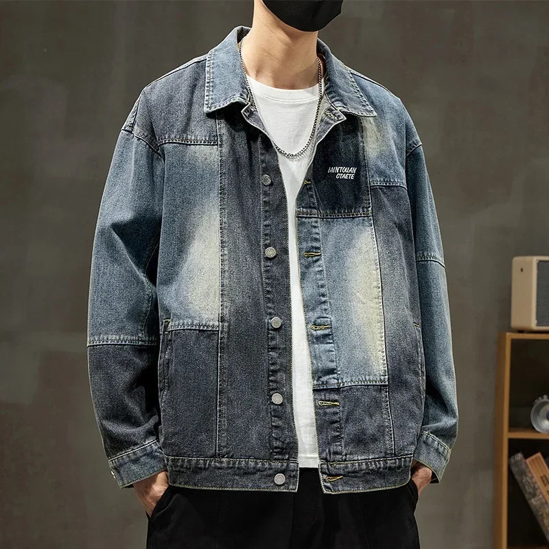mens retro letter ed denim jacket street fashion patch work Y2K aesthetic loose jeans 250312