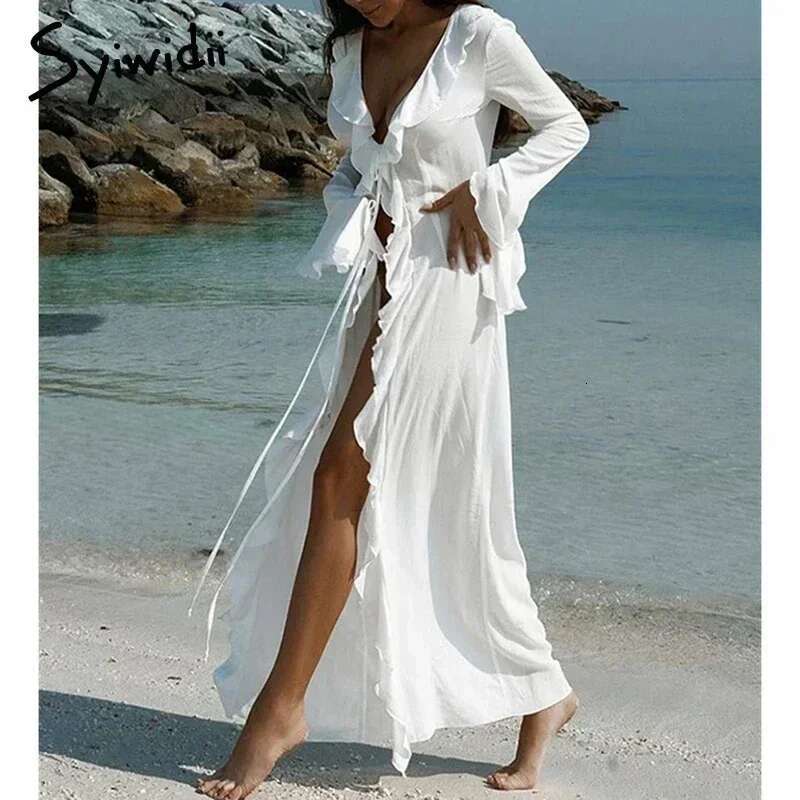Syiwidii Irregular Ruffles Women's Chic V Neck Long Sleeve Lace Beach Dress Summer 2024 Fashion Lady Vacation Cover Up