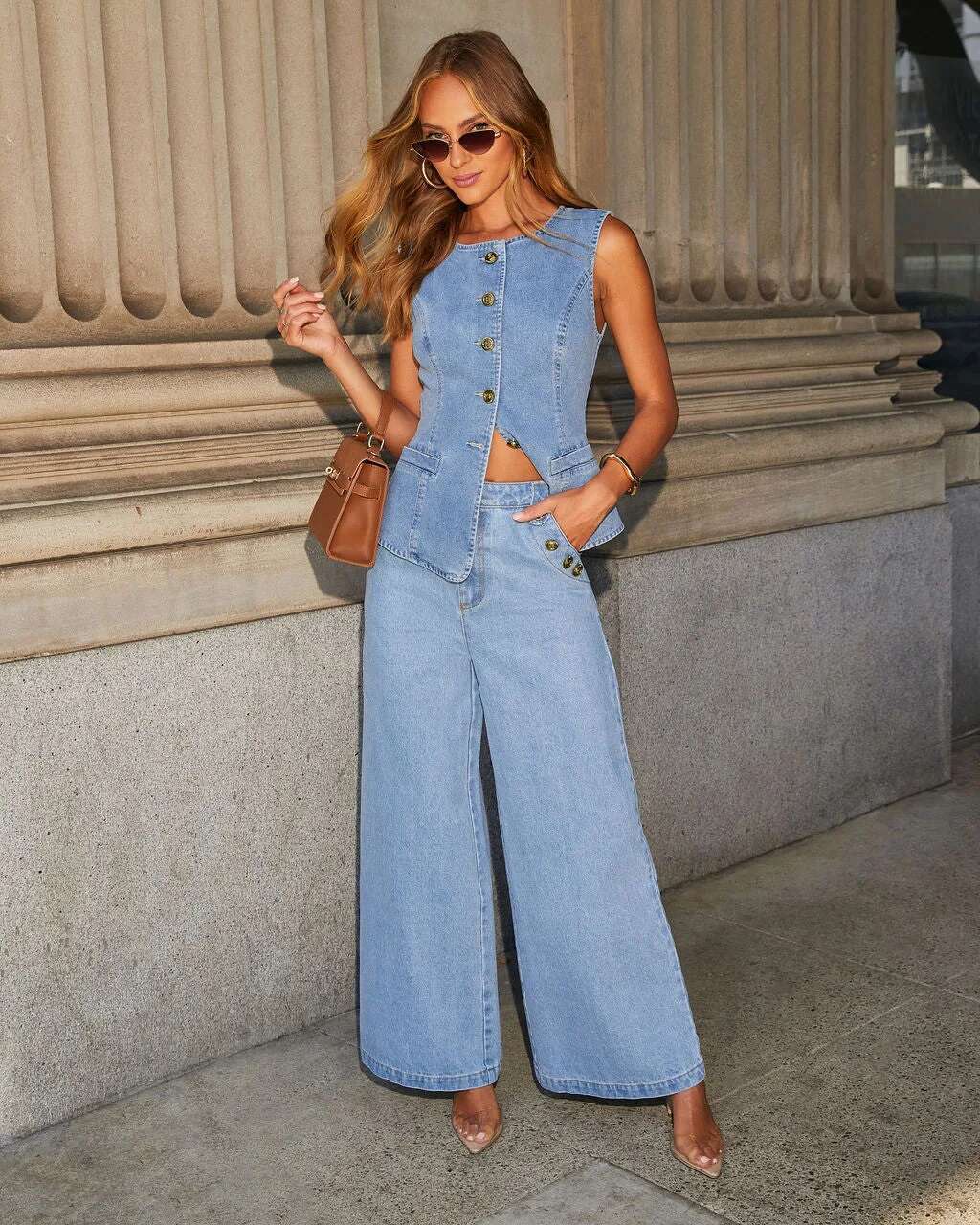 Retro Suit Women's Summer Blue Sleeveless Denim Vest High Waisted Wide Leg Pants Two-Piece Set Female Clothes