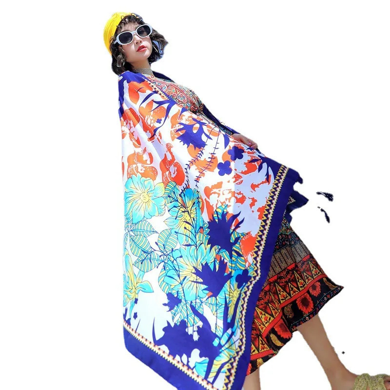 Silk scarf 180cm large long scarf ethnic style travel wear beach towel air-conditioned room shawl retro scarf women 250314