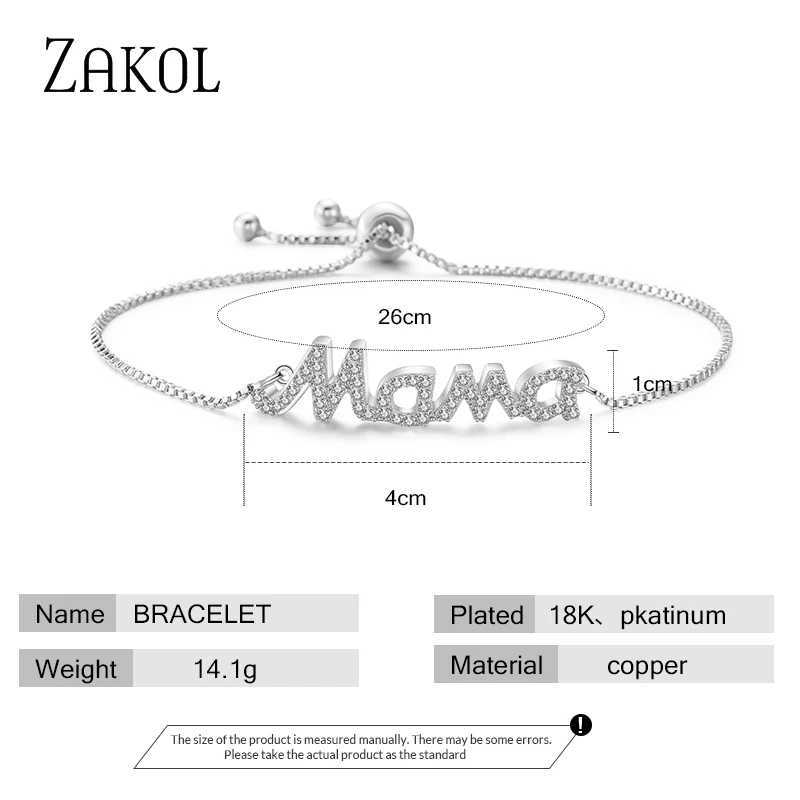 ZAKOL Exquisite Mom Letter CZ Bracelet Womens Sparkling Micro paved Zirconia Gold Color Adjustable Chain Bracelet GiftXJ250315