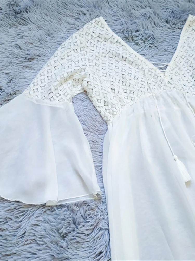 Sexy See Through Bikini Cover-up Long White Lace Tunic Women Summer Clothes V-neck Mesh Dress Beach Wear Swim Suit Cover Up Q589 250314