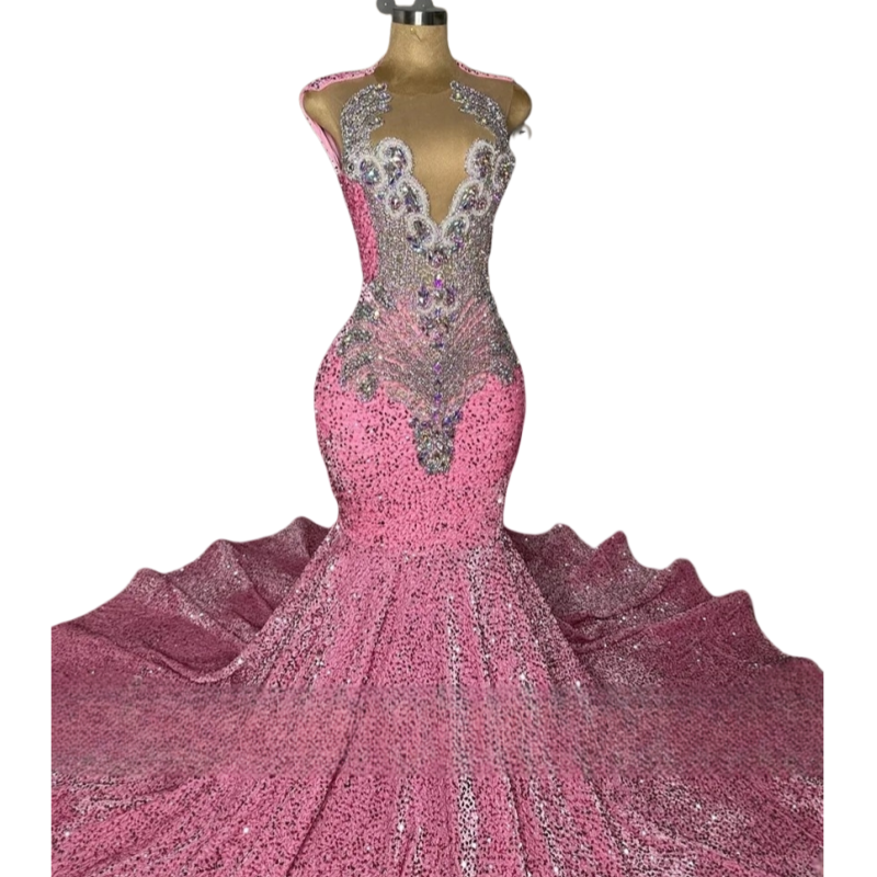 Charming Pink Sequined Mermaid Prom Dresses 2025 Glitter Beading Diamonds Crystal Birthday Dress Gown For Black Girls Pageant Party Special Occasion