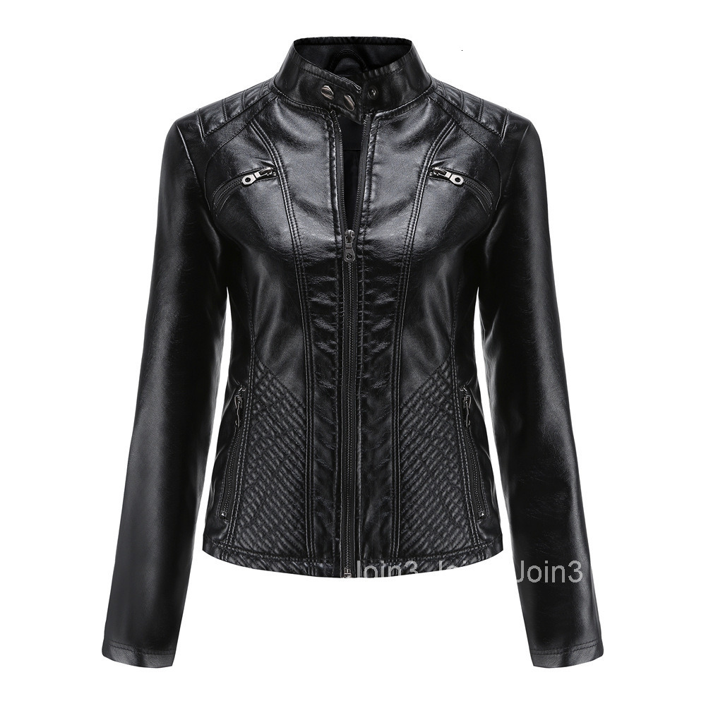 Fashion New Womens Casual Leather Jacket Stand Collar Jacket Slim Jacket Womens Spring and Autumn Solid Color Womens Leather Jacket