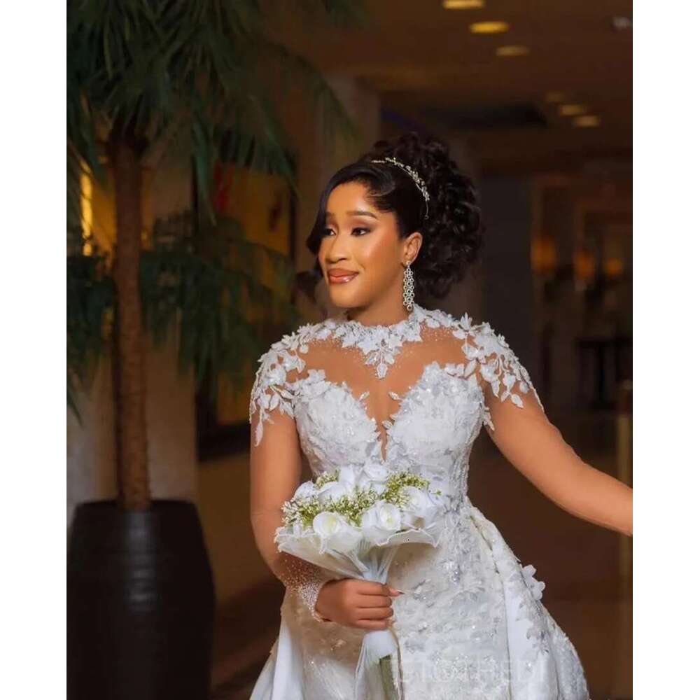 Custom high neck appliques beads mermaid full sleeves african arab wedding dress with removable