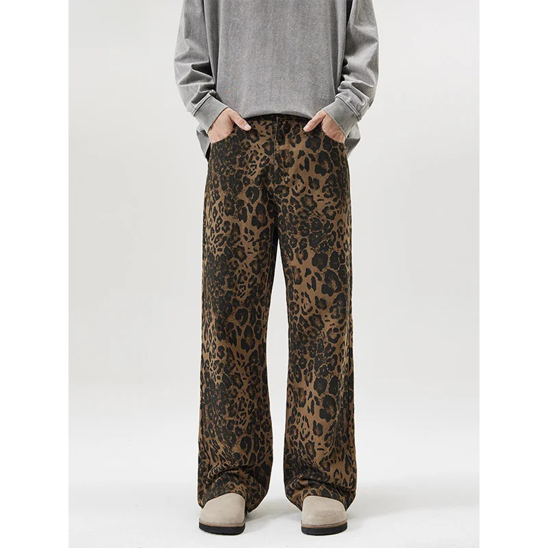 Mens jeans Baggy Casual American style Leopard print Vintage pants Straight High Street fashion Hip hop Trousers for men 250314